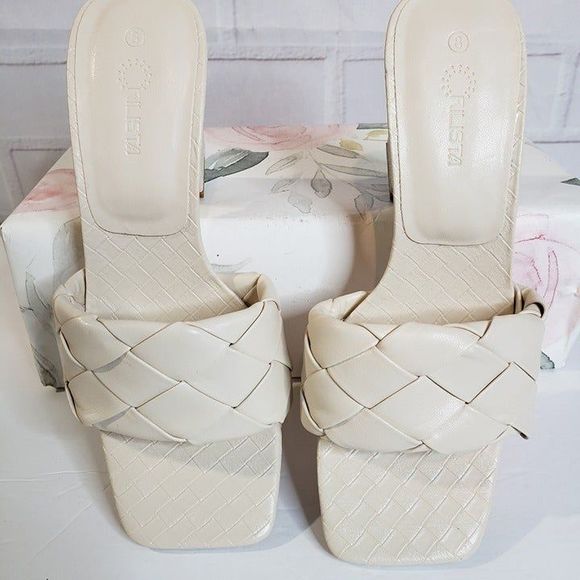NEW Rilista Neutral Cream Braided Square Toe Heeled Sandals womens 8 Block Heel - Picture 4 of 8